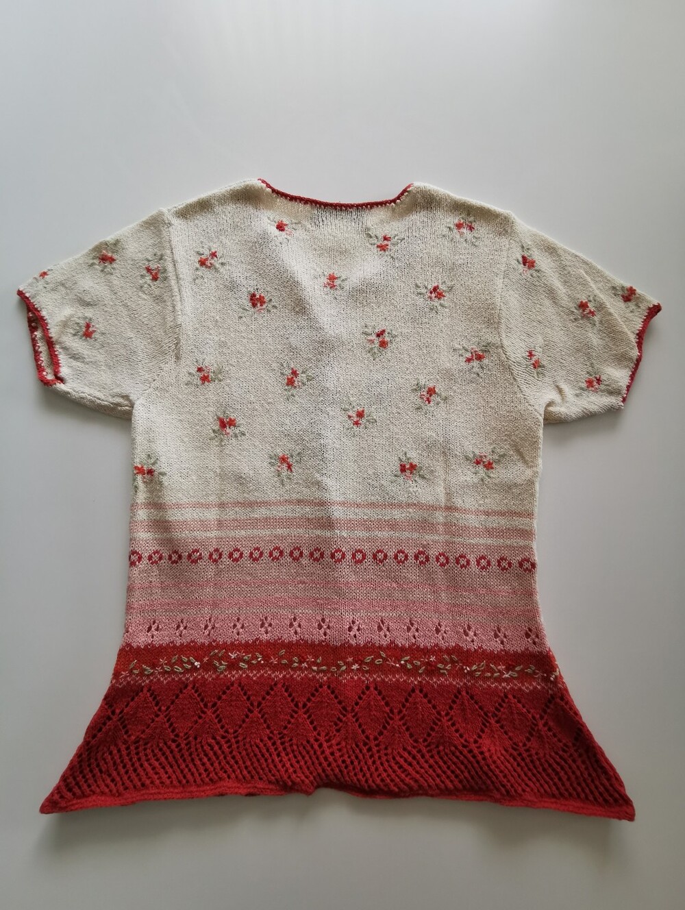 Susan Bristol Cream Knit Short Sleeve Cardigan with Red Pink Floral Embroidery - Picture 2 of 6